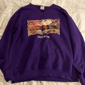 Purple thrifted sweater. New York. Well Loved. A few holes in the picture.